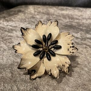 Vintage Black and White Enameled Flower Brooch